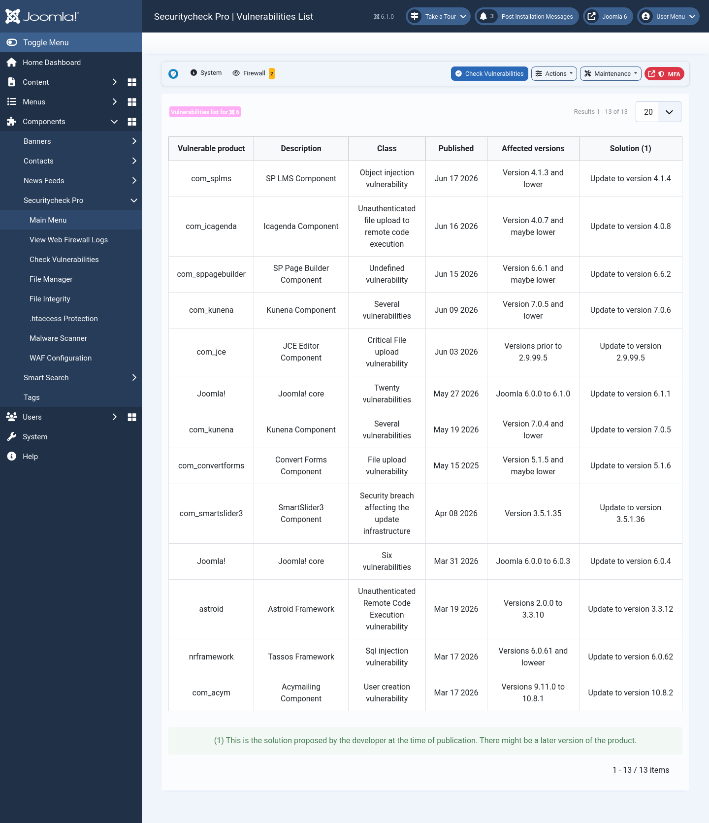 Check Vulnerabilities action bar with real-time update badge